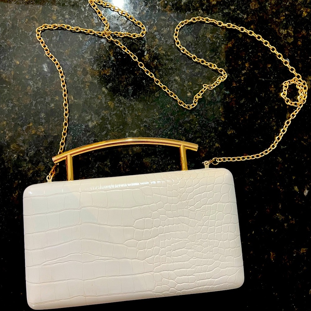 White Croc Crossbody Clutch with Gold Hardware